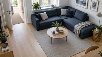 Illustration: Blå chaiselongsofa og fri ganglinje ved døren