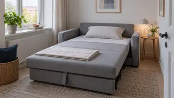 Illustration: Kompakt grå sovesofa med udfoldet liggeflade