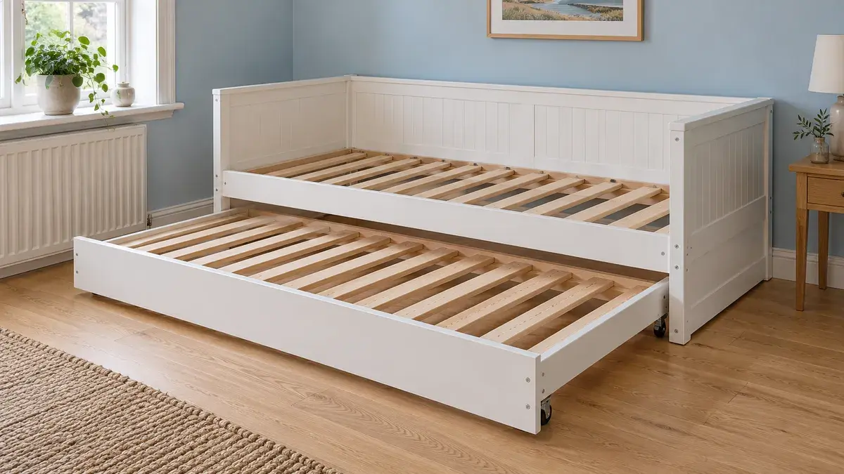 Illustration: Hvid daybed med udtrukket lamelramme uden madrasser
