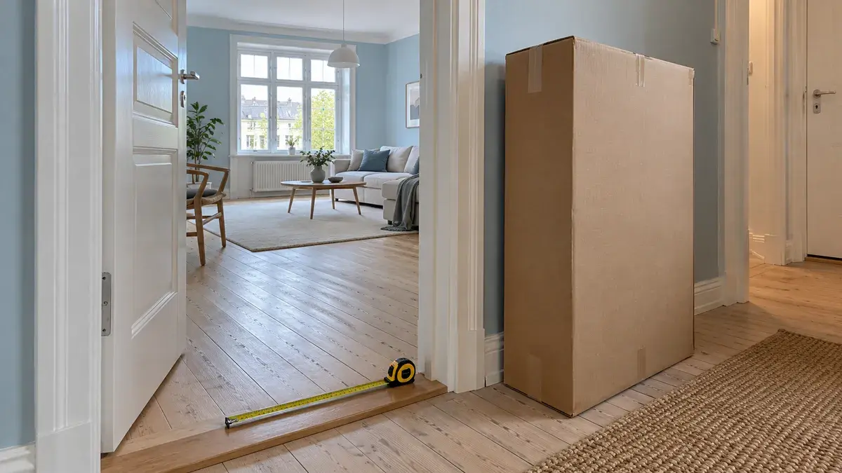 Illustration: Døråbning, målebånd og papkasse i en entré