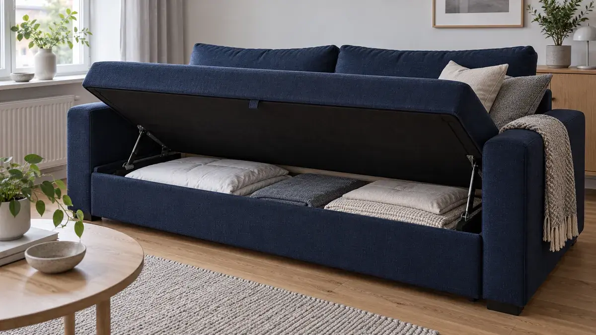 Illustration: Sofa med åbent opbevaringsrum til sengetøj