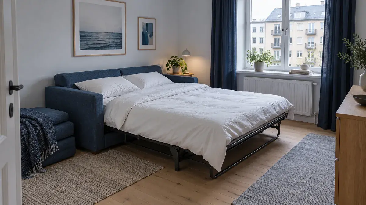 Illustration: Blå sovesofa med sengetøj i et lyst gæsteværelse