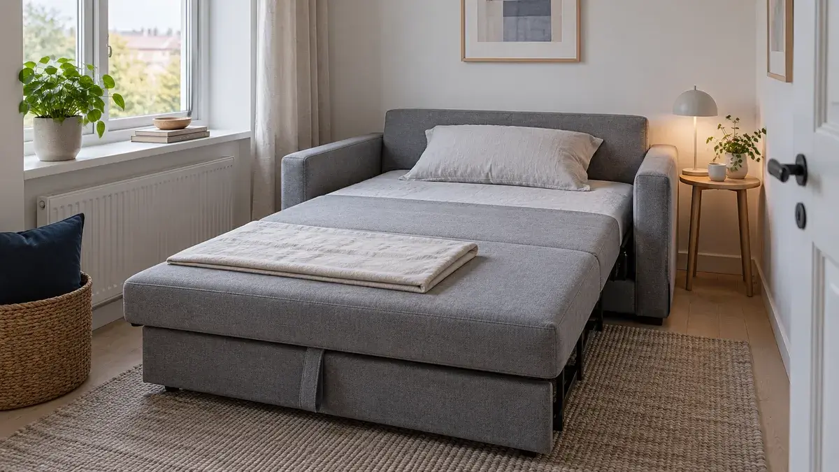 Illustration: Kompakt grå sovesofa med udfoldet liggeflade