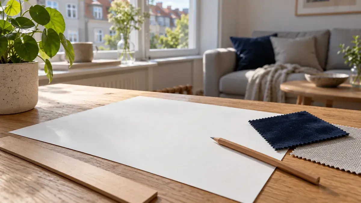 Illustration af blankt ark, blyant og stofprøver på bordet
