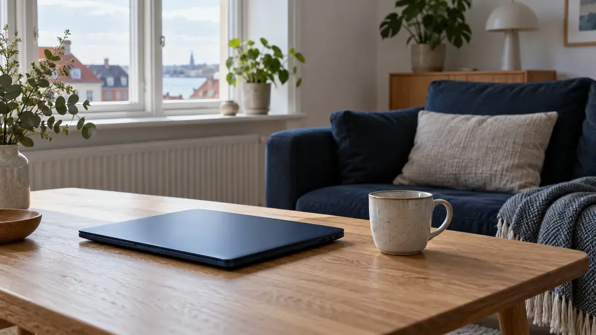 Illustration af en lukket blå computer ved en sofa